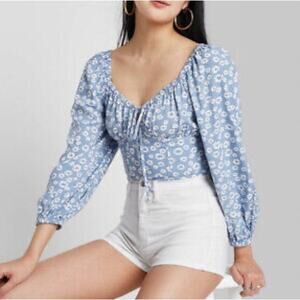 Wild Fable Crop Top Size S Blue Floral Smocked Puff Sleeve Cottagecore Milkmaid